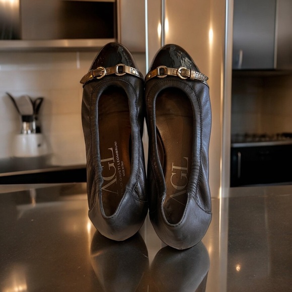 AGL Black Metallic Grey Monika Cap Toe Ballet Flats Shoes Leather Italy 40 - Picture 10 of 16